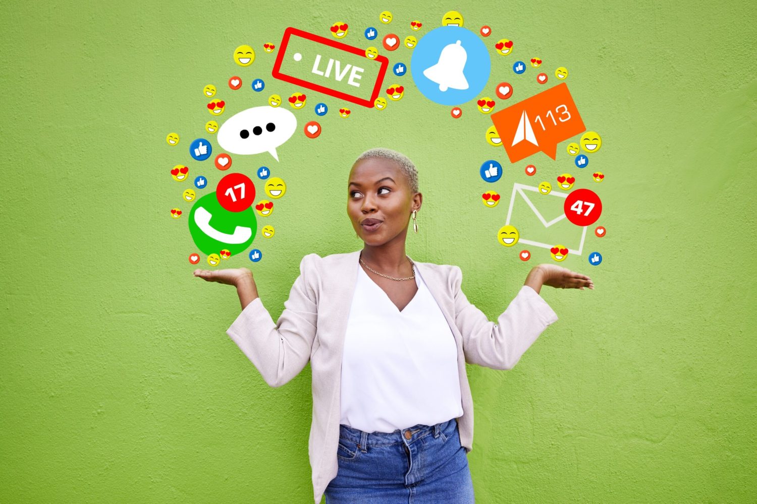 social-media-icon-connection-with-woman-wall-emoji-live-streaming-app-message-african-person-hands-online-chat-notification-network-communication-overlay-green-background-min